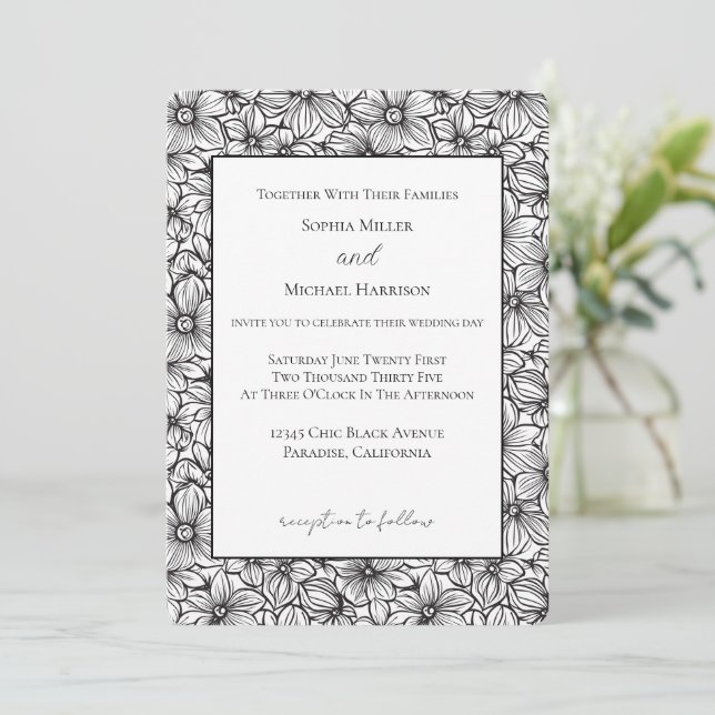 Convite Casamento Floral Preto Branco (Em pé/Frente)