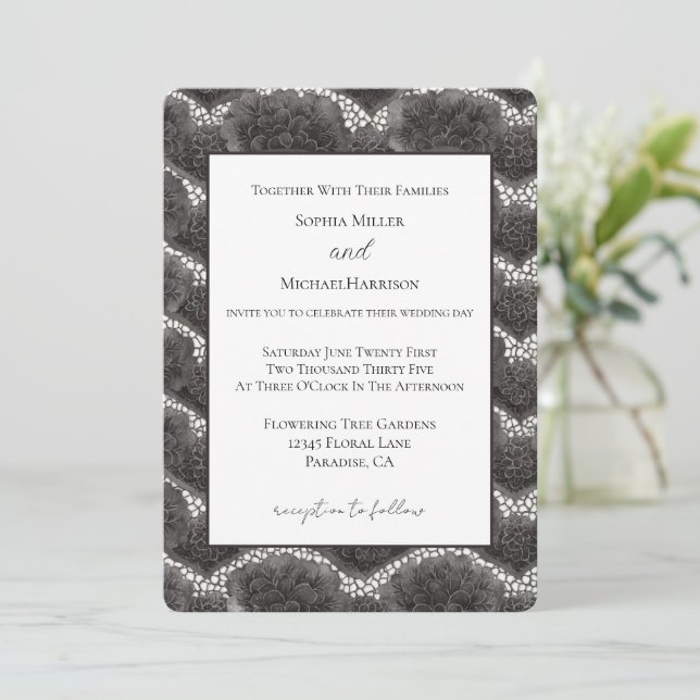 Convite Casamento Floral Preto Branco Chic (Em pé/Frente)