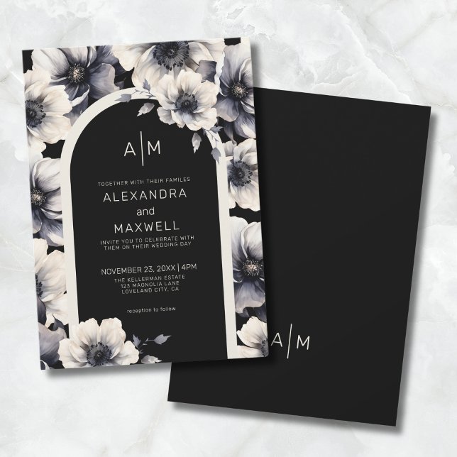 Convite Casamento Floral Preto Branco de Arco Moderno (Modern Arch White Black Floral Wedding Invitation)