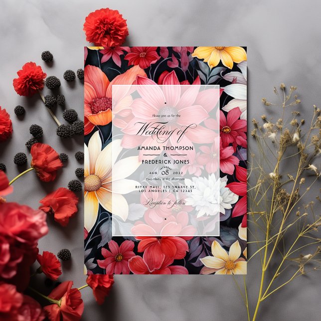 Convite Casamento Floral Preto, Branco e Vermelho (Criador carregado)