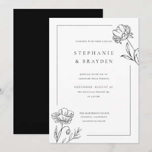 Convite Casamento Floral Preto Branco Moderno Elegante Sim