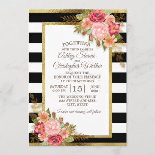 Convite Casamento Floral Preto Branco Rosa Vermelho Dourad