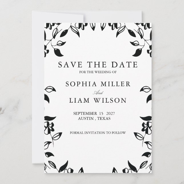 Convite Casamento Floral Preto Branco Salve a Data  (Frente)