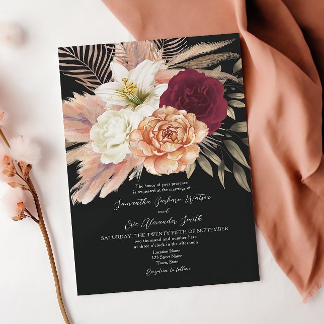 Convite Casamento Floral Preto Burgundy Rústico (Criador carregado)