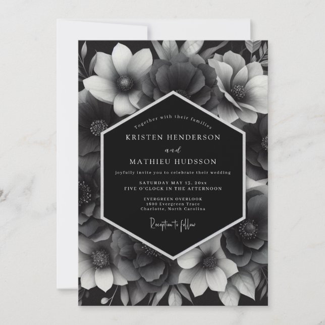 Convite Casamento Floral Preto Carvão (Frente)