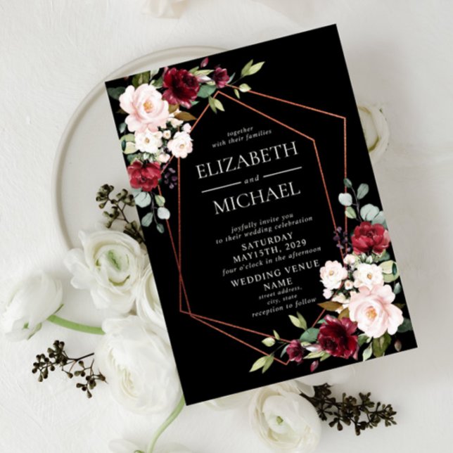 Convite Casamento Floral Preto da Borgonha Geométrica de C (Criador carregado)