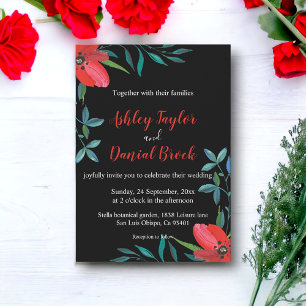 Convite Casamento Floral Preto das Rosas vermelhas Elegant