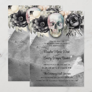 Convite Casamento Floral Preto de Peônia Gótica e Caveira