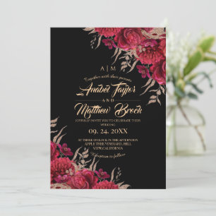 Convite Casamento Floral Preto Dourado Borgonha Rústico