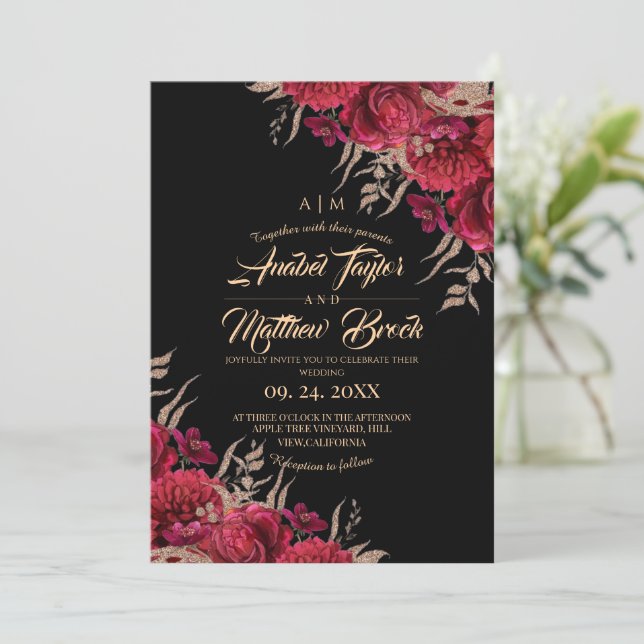 Convite Casamento Floral Preto Dourado Borgonha Rústico (Em pé/Frente)