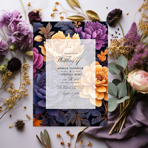 Convite Casamento Floral Preto, Dourado e Roxo Escuro