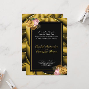 Convite Casamento Floral Preto Dourado Elegante