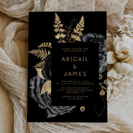 Convite Casamento Floral Preto Dourado Elegante e Sombrio