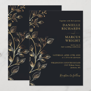 Convite Casamento Floral Preto Dourado Moderno e Elegante