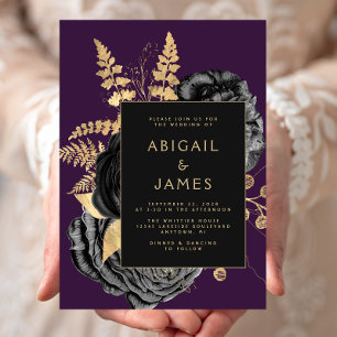 Convite Casamento Floral Preto Dourado Roxo Elegante