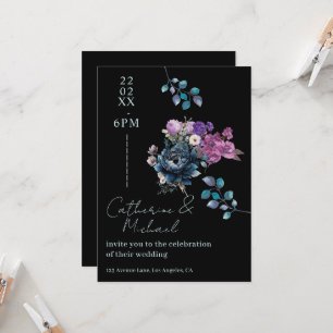 Convite Casamento Floral Preto e Azul Meia-Noite Gótico Ma