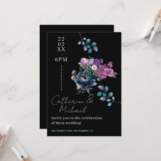 Convite Casamento Floral Preto e Azul Meia-Noite Gótico Ma