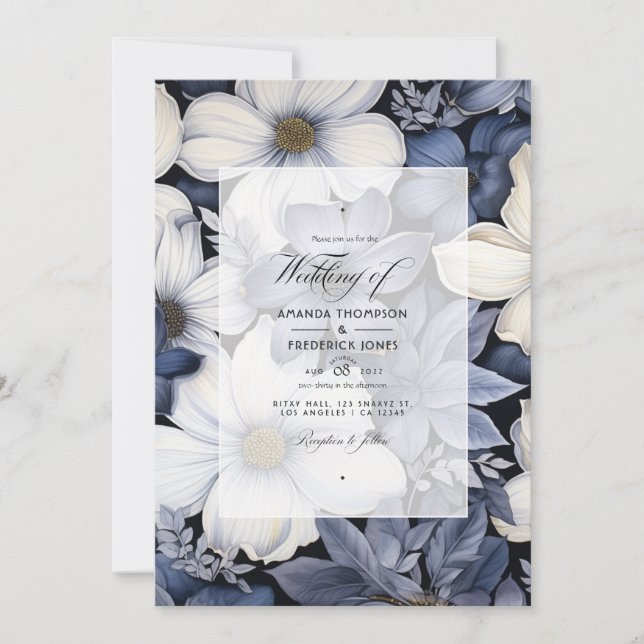 Convite Casamento Floral Preto e Branco (Frente)