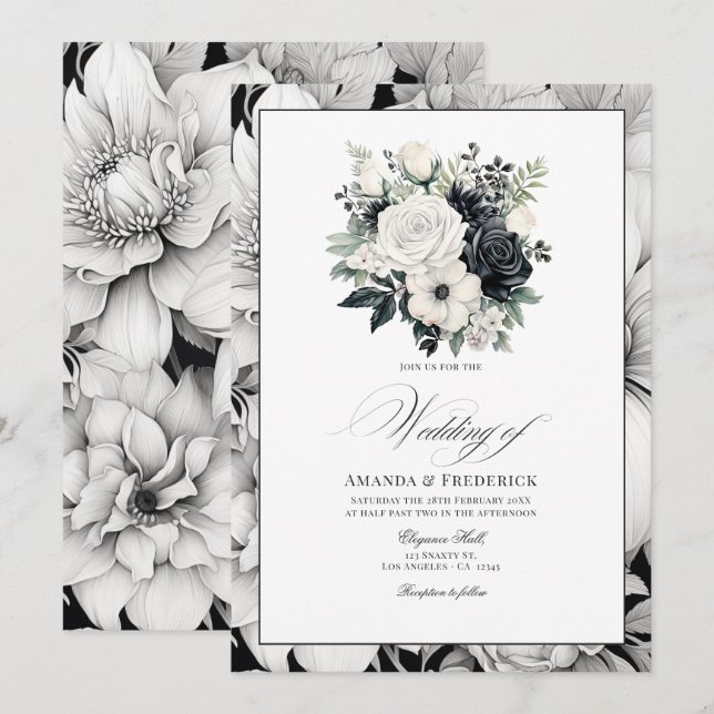 Convite Casamento Floral Preto e Branco (Frente/Verso)