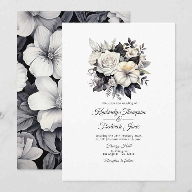 Convite Casamento Floral Preto e Branco (Frente/Verso)