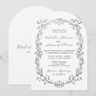 Convite Casamento Floral Preto e Branco Arqueado Old Money