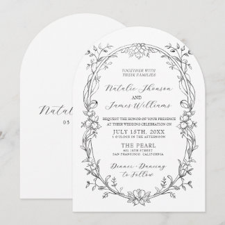 Convite Casamento Floral Preto e Branco Arqueado Old Money