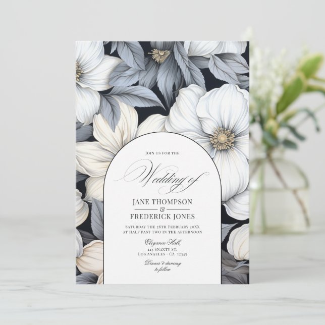 Convite Casamento Floral Preto e Branco Atemporal (Em pé/Frente)