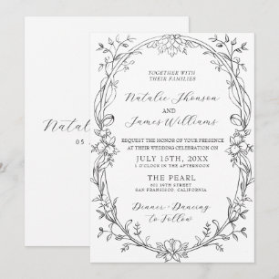 Convite Casamento Floral Preto e Branco com Estilo de Dinh