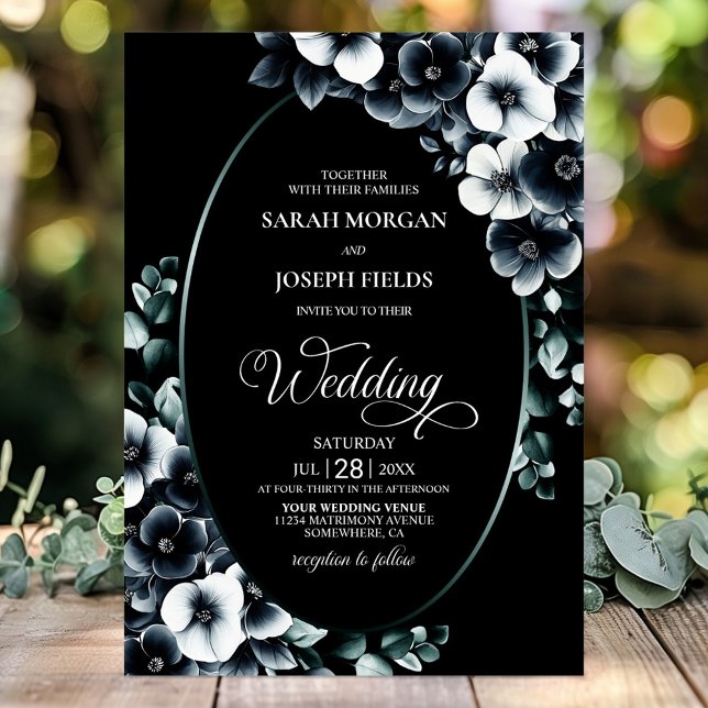 Convite Casamento Floral Preto e Branco Elegante (Criador carregado)