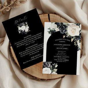 Convite Casamento Floral Preto e Branco Elegante + Detalhe