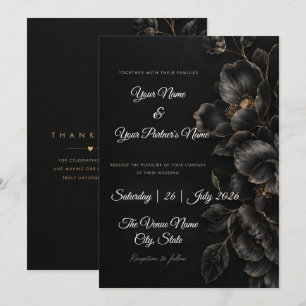 Convite Casamento Floral Preto e Branco Elegante e Dourado