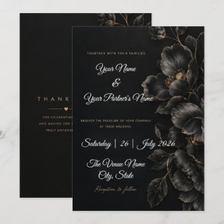 Convite Casamento Floral Preto e Branco Elegante e Dourado