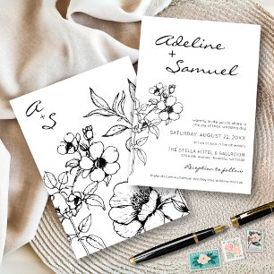Convite Casamento Floral Preto e Branco Moderno Simples El