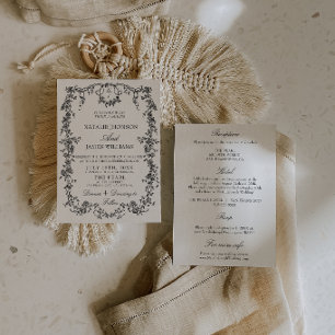 Convite Casamento Floral Preto e Branco Monograma Tudo em
