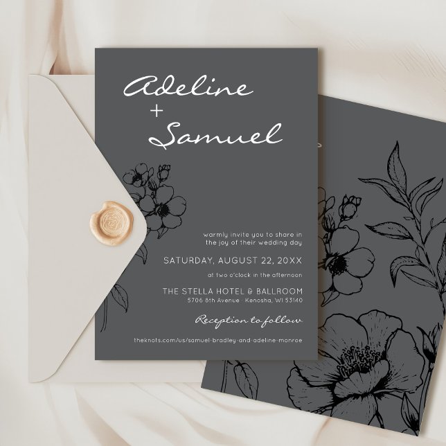 Convite Casamento Floral Preto e Cinza Moderno Simples Ele (Simple elegant classic charcoal gray, black and white modern floral wildflower wedding invitation)