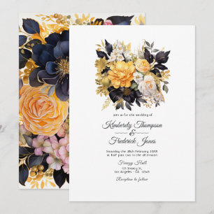 Convite Casamento Floral Preto e Dourado