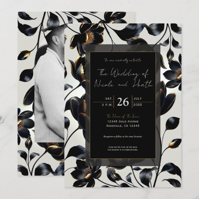 Convite Casamento Floral Preto e Dourado Bege (Frente/Verso)