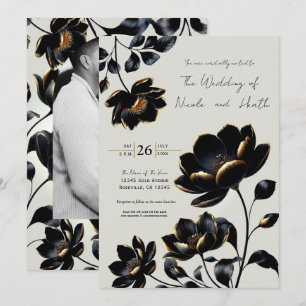 Convite Casamento Floral Preto e Dourado Bege