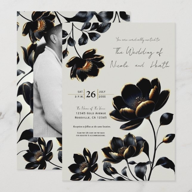 Convite Casamento Floral Preto e Dourado Bege (Frente/Verso)