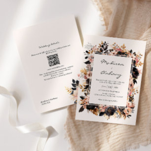 Convite Casamento Floral Preto e Dourado Código QR 2 em 1