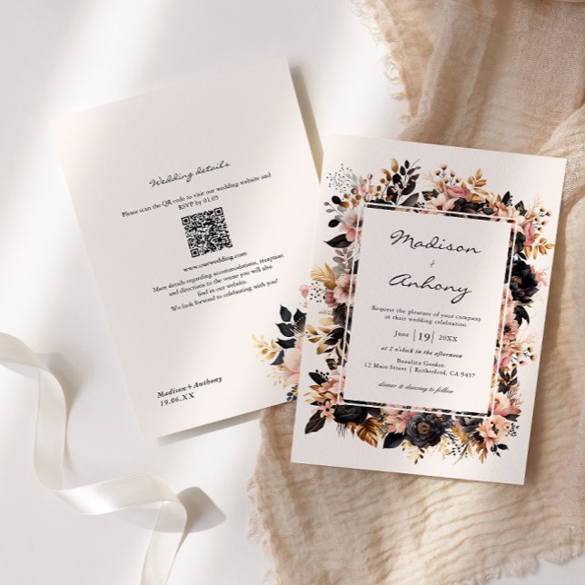 Convite Casamento Floral Preto e Dourado Código QR 2 em 1 (Criador carregado)