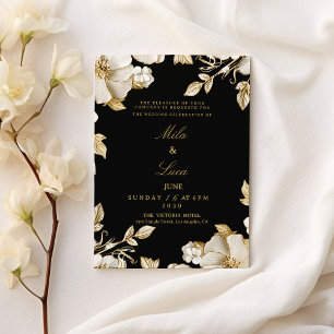 Convite Casamento floral preto e dourado de luxo