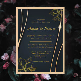 Convite Casamento Floral Preto e Dourado Elegante e Luxuos