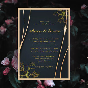 Convite Casamento Floral Preto e Dourado Elegante e Luxuos