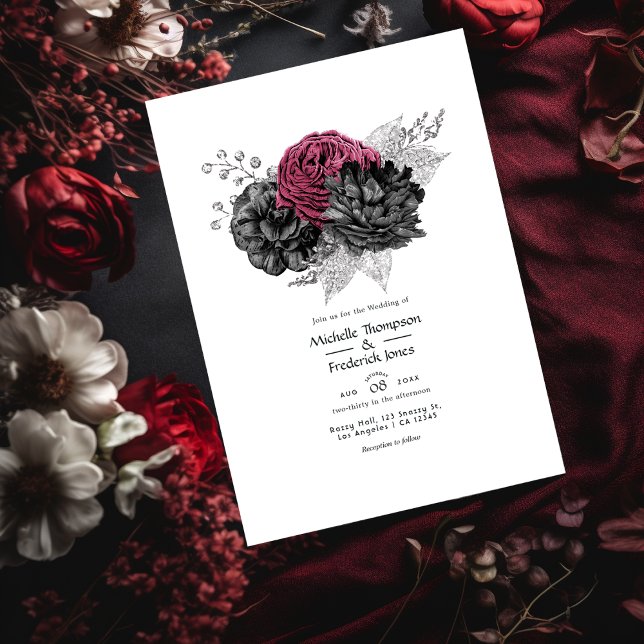 Convite Casamento Floral Preto e Marsala Prateado (Criador carregado)