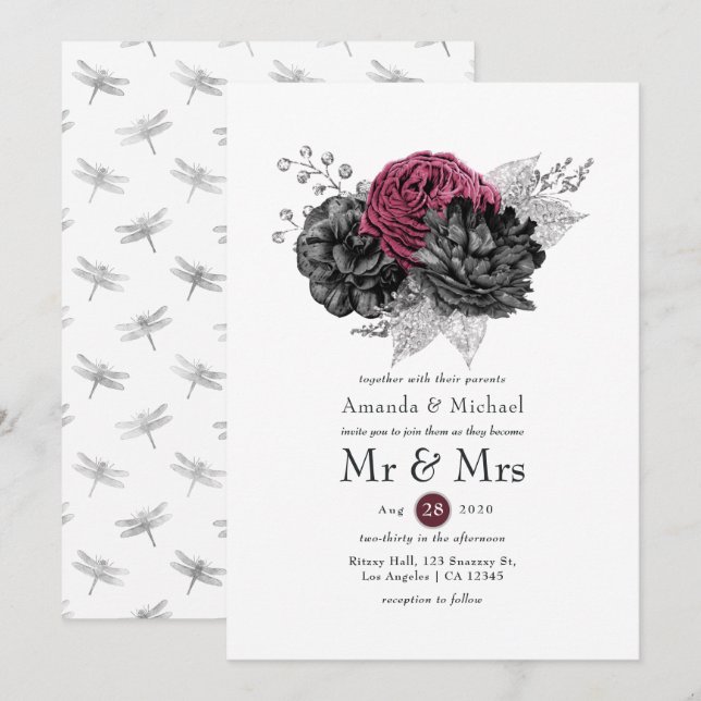 Convite Casamento Floral Preto e Prata Marsala (Frente/Verso)