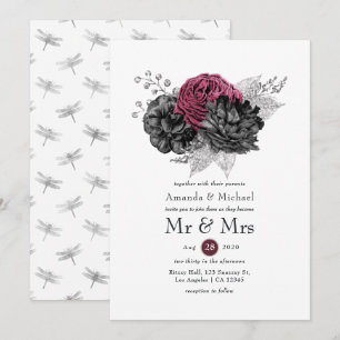 Convite Casamento Floral Preto e Prata Marsala
