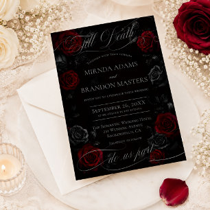 Convite Casamento Floral Preto e Vermelho com Caligrafia E
