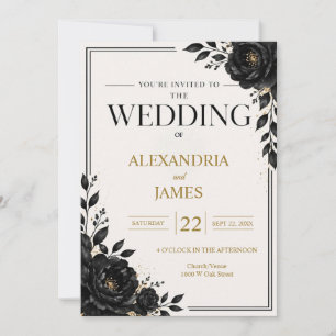 Convite Casamento Floral Preto Elegante