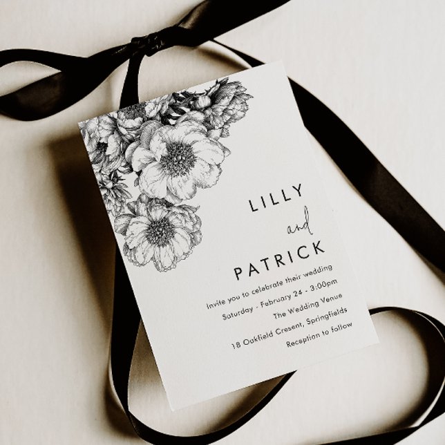 Convite Casamento Floral Preto Elegante (Criador carregado)